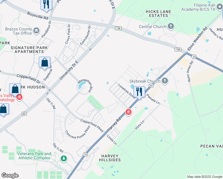 map of restaurants, bars, coffee shops, grocery stores, and more near 1489 Buena Vista Drive in College Station