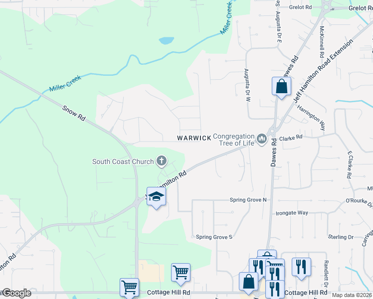 map of restaurants, bars, coffee shops, grocery stores, and more near 8960 Jeff Hamilton Road in Mobile