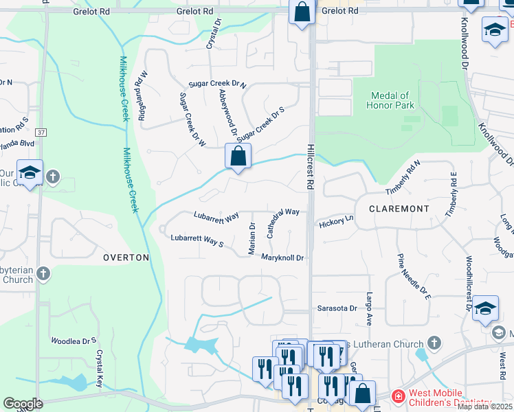 map of restaurants, bars, coffee shops, grocery stores, and more near 6510 Lubarrett Way in Mobile