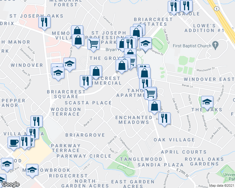 map of restaurants, bars, coffee shops, grocery stores, and more near 1604 Barak Lane in Bryan
