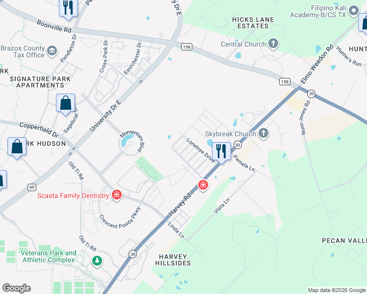 map of restaurants, bars, coffee shops, grocery stores, and more near 1489 Buena Vista Drive in College Station