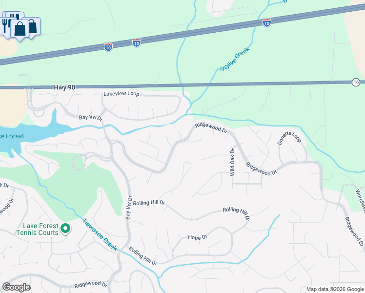 map of restaurants, bars, coffee shops, grocery stores, and more near 639 Ridgewood Drive in Daphne