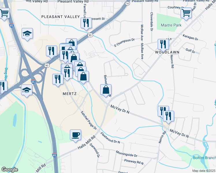 map of restaurants, bars, coffee shops, grocery stores, and more near 1061 Belvedere Circle West in Mobile