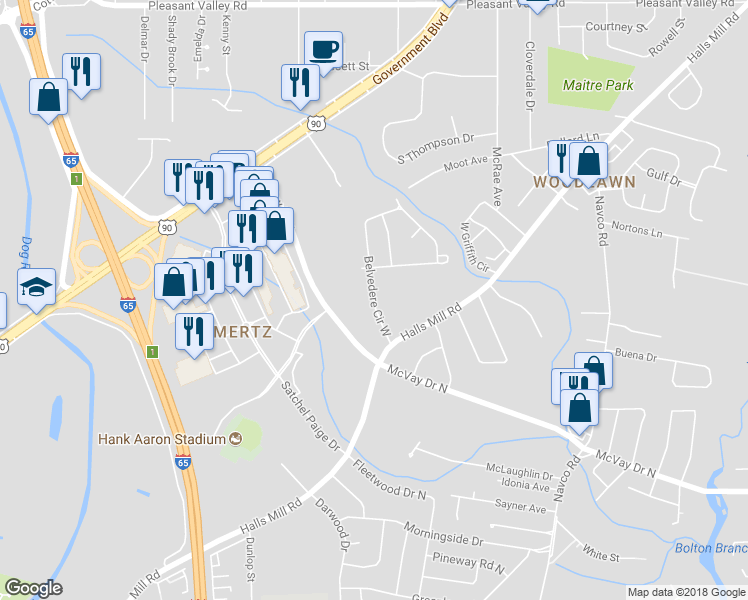 map of restaurants, bars, coffee shops, grocery stores, and more near 1063 Belvedere Circle West in Mobile