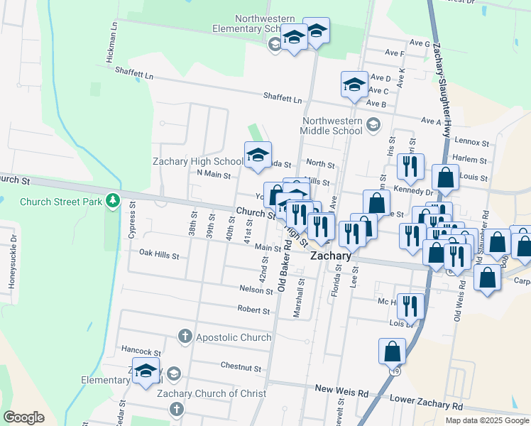 map of restaurants, bars, coffee shops, grocery stores, and more near 4100 School Street in Zachary