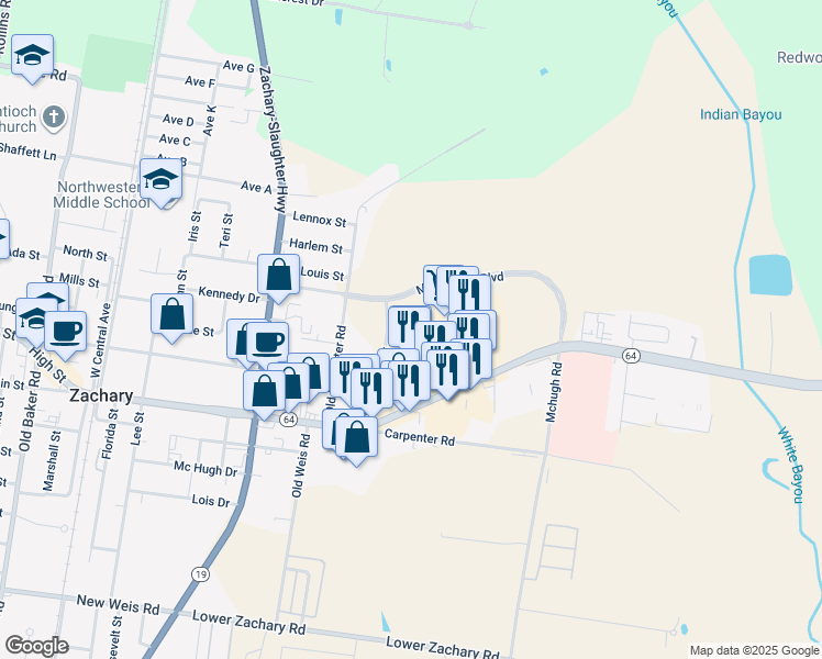 map of restaurants, bars, coffee shops, grocery stores, and more near Emmie Drive in Zachary