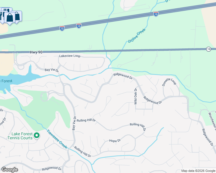 map of restaurants, bars, coffee shops, grocery stores, and more near 639 Ridgewood Drive in Daphne