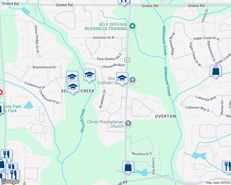 map of restaurants, bars, coffee shops, grocery stores, and more near 1939 Bradbury Drive West in Mobile