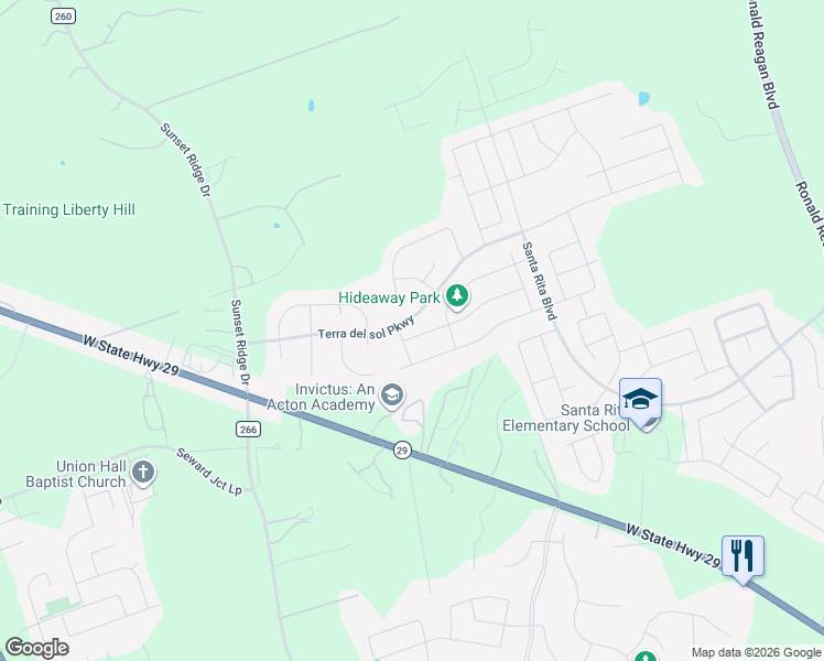 map of restaurants, bars, coffee shops, grocery stores, and more near 222 Cascata Way in Liberty Hill