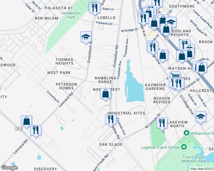 map of restaurants, bars, coffee shops, grocery stores, and more near 1300 Bittle Lane in Bryan