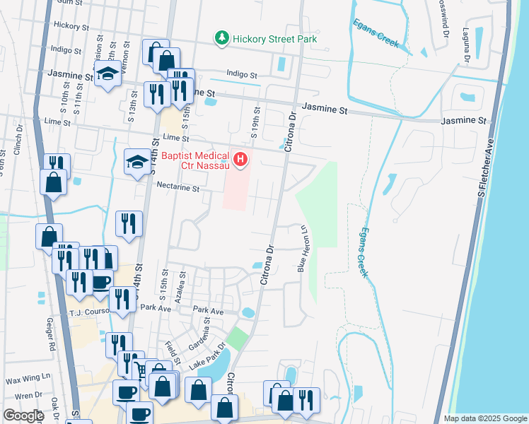 map of restaurants, bars, coffee shops, grocery stores, and more near 1405 South Snapper Lane in Fernandina Beach
