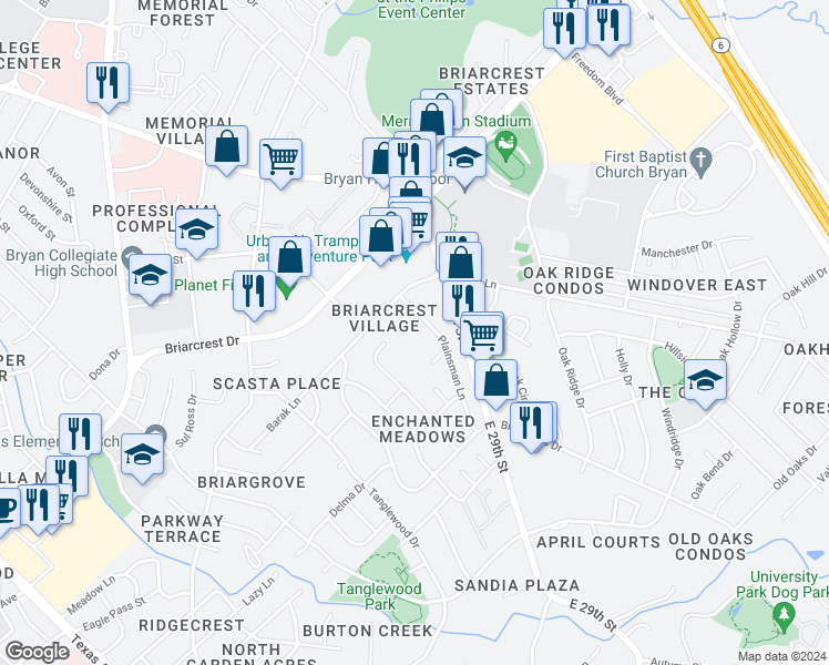 map of restaurants, bars, coffee shops, grocery stores, and more near 1620 Barak Lane in Bryan