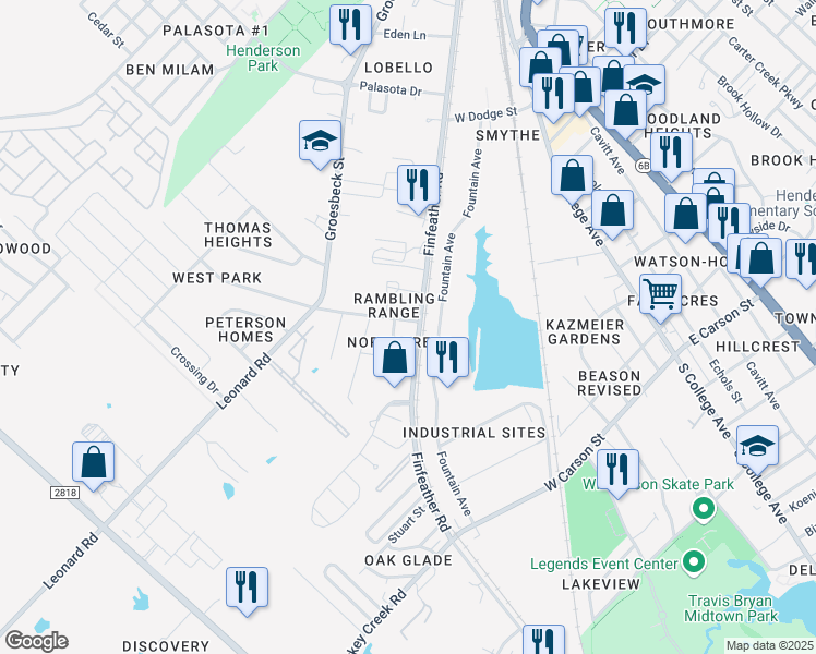map of restaurants, bars, coffee shops, grocery stores, and more near 1300 Bittle Lane in Bryan