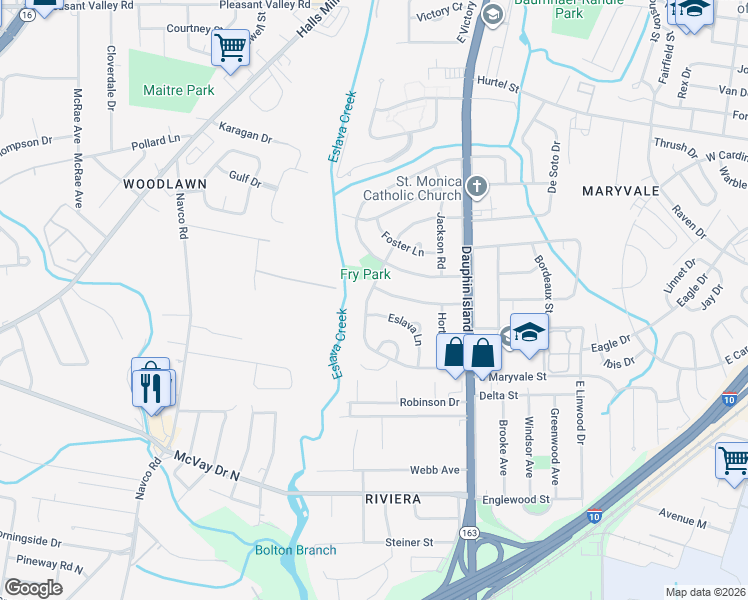 map of restaurants, bars, coffee shops, grocery stores, and more near 1253 West Bucker Road in Mobile