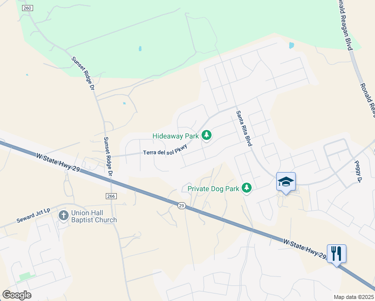 map of restaurants, bars, coffee shops, grocery stores, and more near 222 Cascata Way in Liberty Hill