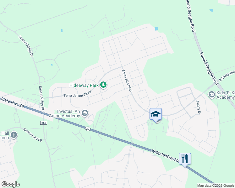 map of restaurants, bars, coffee shops, grocery stores, and more near 237 La Dera Drive in Liberty Hill