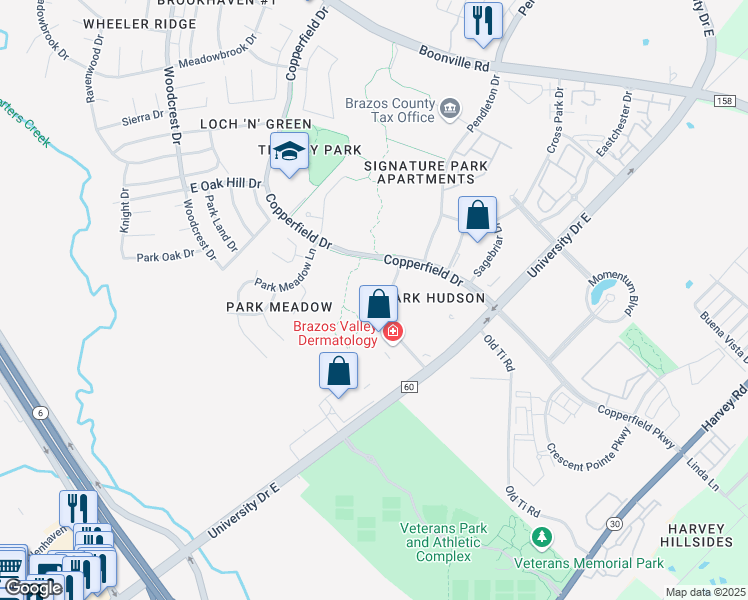 map of restaurants, bars, coffee shops, grocery stores, and more near 3720 Coppercrest Drive in Bryan