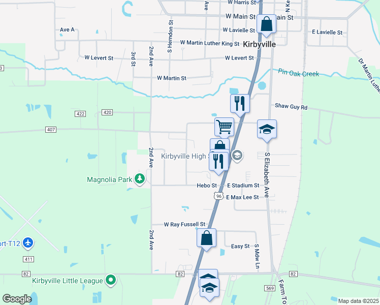 map of restaurants, bars, coffee shops, grocery stores, and more near 1106 Charlsie Avenue in Kirbyville