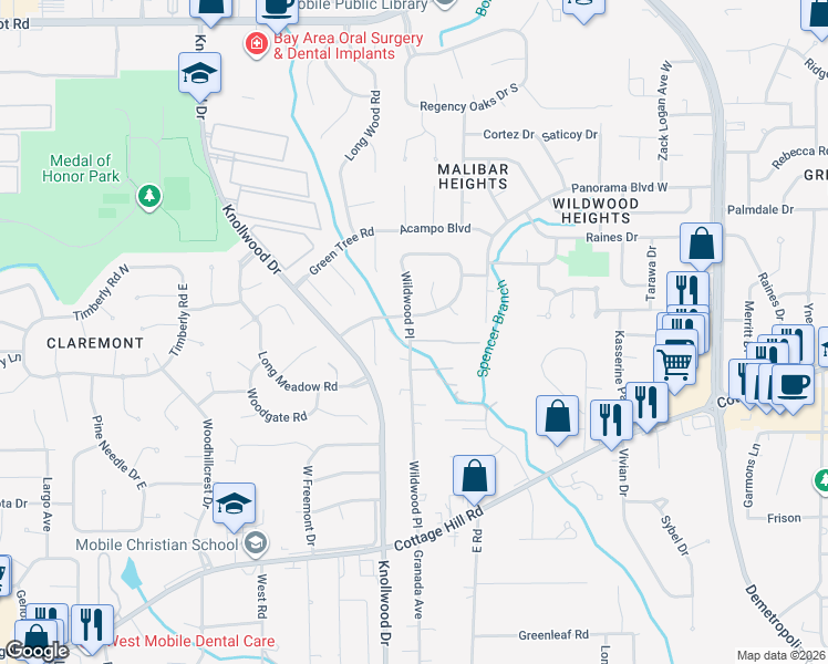map of restaurants, bars, coffee shops, grocery stores, and more near 5596 Fairfield Place in Mobile