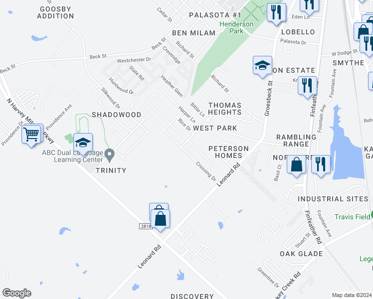 map of restaurants, bars, coffee shops, grocery stores, and more near 1105 Crossing Drive in Bryan