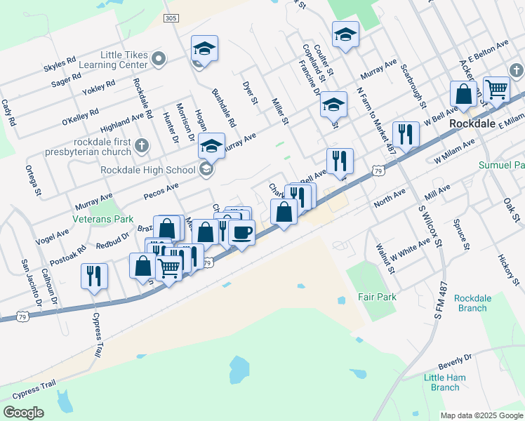 map of restaurants, bars, coffee shops, grocery stores, and more near 1040 West Cameron Avenue in Rockdale