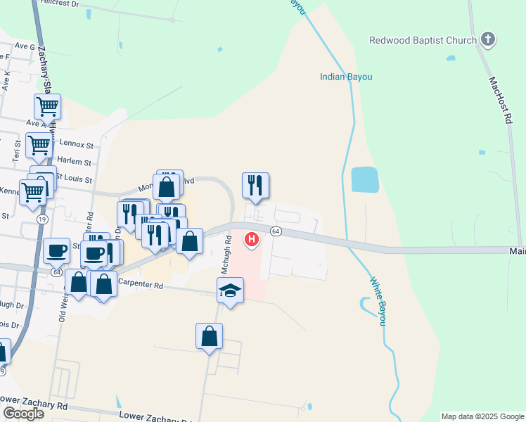 map of restaurants, bars, coffee shops, grocery stores, and more near 6363 Main Street in Zachary