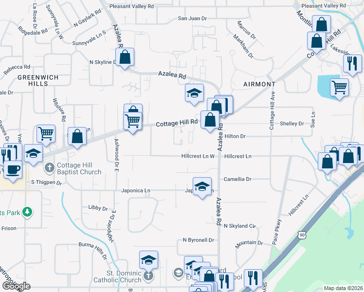 map of restaurants, bars, coffee shops, grocery stores, and more near 3984 Hillcrest Lane in Mobile