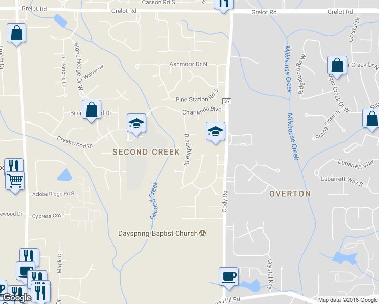 map of restaurants, bars, coffee shops, grocery stores, and more near 1960 Bradshire Drive in Mobile