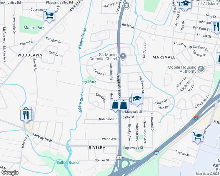 map of restaurants, bars, coffee shops, grocery stores, and more near 2050 Stockton Dr in Mobile
