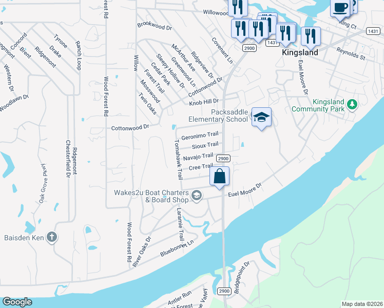 map of restaurants, bars, coffee shops, grocery stores, and more near 1631 Navajo Trail in Kingsland