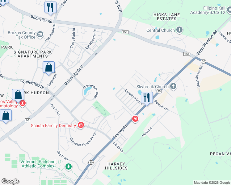 map of restaurants, bars, coffee shops, grocery stores, and more near 1489 Buena Vista Drive in College Station