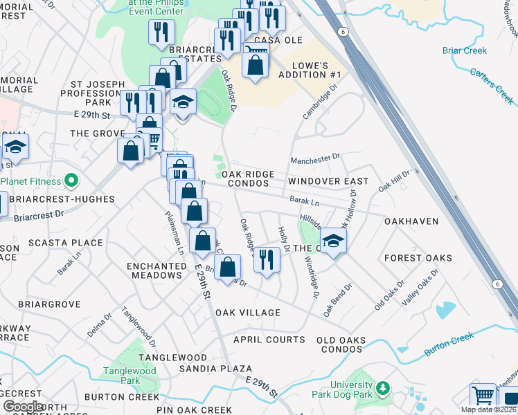 map of restaurants, bars, coffee shops, grocery stores, and more near 2201 Hillside Drive in Bryan
