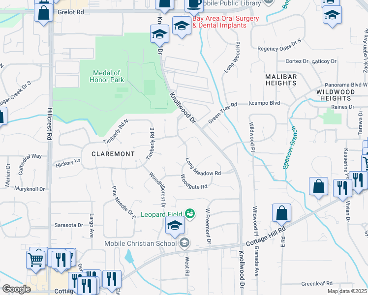 map of restaurants, bars, coffee shops, grocery stores, and more near 5901 Spanish Moss Court in Mobile
