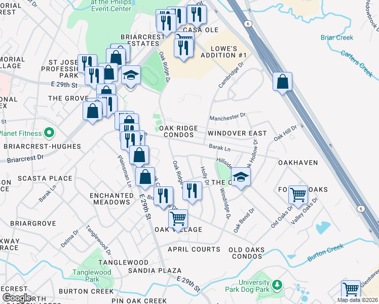 map of restaurants, bars, coffee shops, grocery stores, and more near 2201 Hillside Drive in Bryan