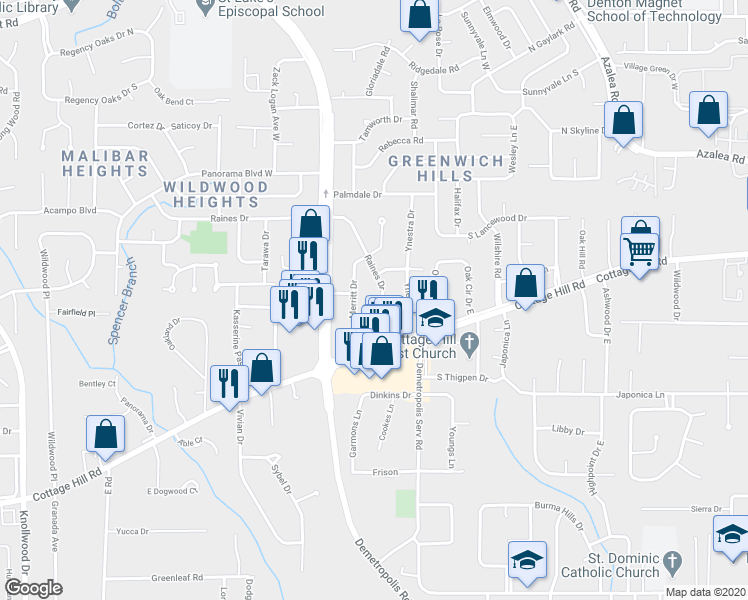 map of restaurants, bars, coffee shops, grocery stores, and more near 714 Raines Drive in Mobile