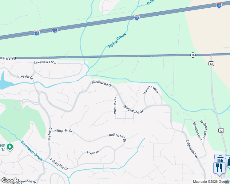 map of restaurants, bars, coffee shops, grocery stores, and more near 607 Ridgewood Drive in Daphne