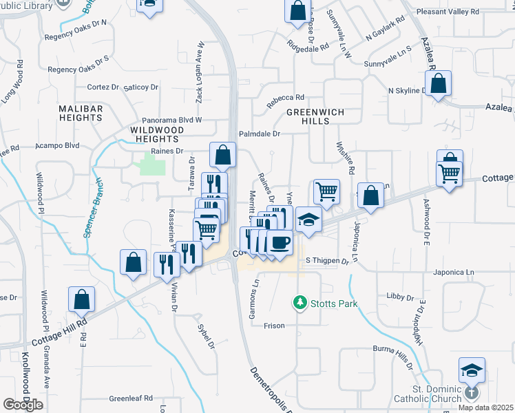 map of restaurants, bars, coffee shops, grocery stores, and more near 701 Merritt Dr in Mobile