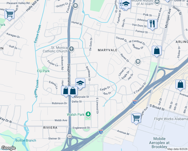 map of restaurants, bars, coffee shops, grocery stores, and more near 1209 East Belle Cour Drive in Mobile