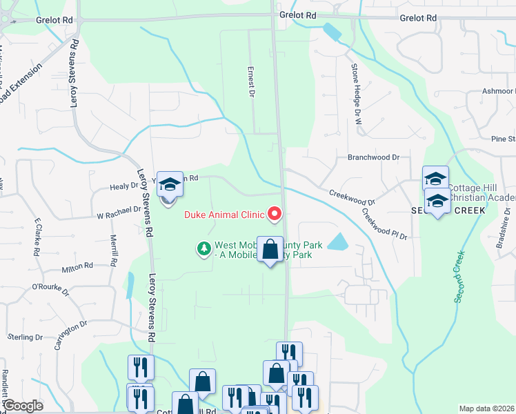 map of restaurants, bars, coffee shops, grocery stores, and more near 7901 Yorkhaven Road in Mobile