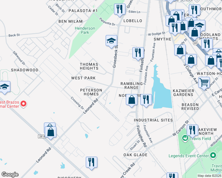 map of restaurants, bars, coffee shops, grocery stores, and more near 1212 Bittle Ln in Bryan
