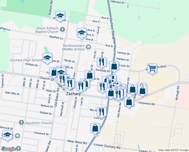 map of restaurants, bars, coffee shops, grocery stores, and more near 4805 Lynn Street in Zachary