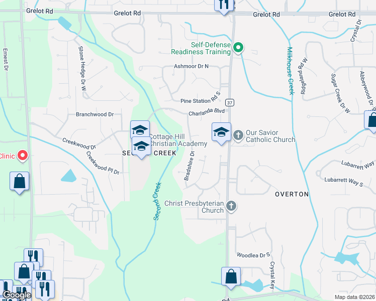 map of restaurants, bars, coffee shops, grocery stores, and more near 1937 Bradshire Drive in Mobile