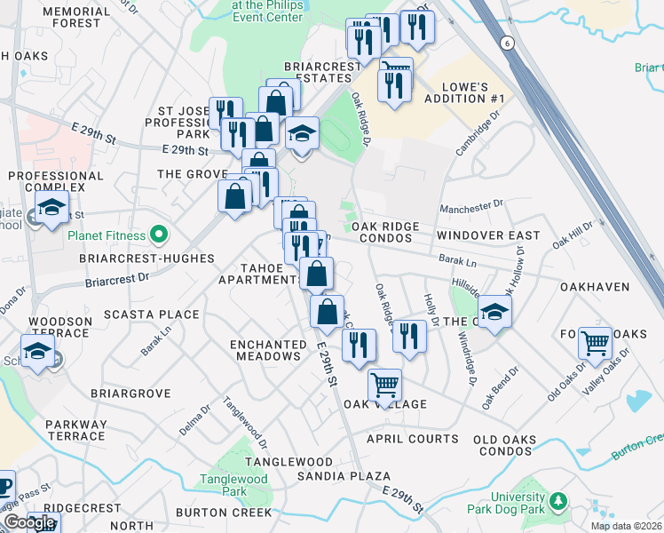 map of restaurants, bars, coffee shops, grocery stores, and more near 1900 Pine Tree Drive in Bryan