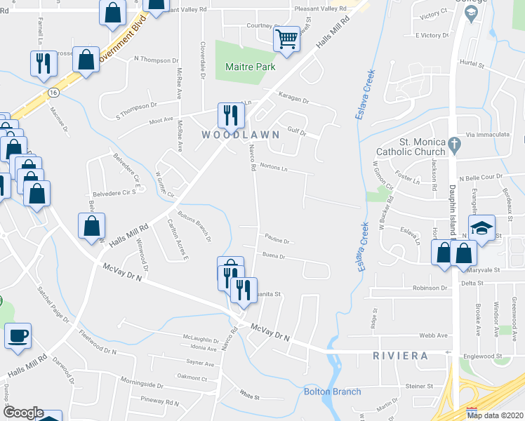 map of restaurants, bars, coffee shops, grocery stores, and more near 1013 Navco Road in Mobile