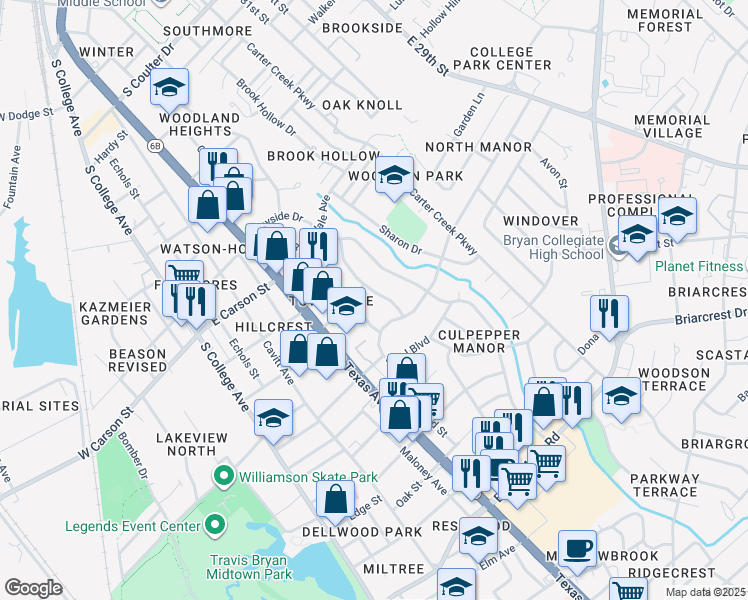 map of restaurants, bars, coffee shops, grocery stores, and more near 2104 Vinewood Drive in Bryan