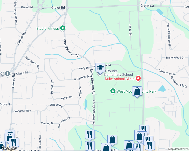 map of restaurants, bars, coffee shops, grocery stores, and more near 1975 Leroy Stevens Road in Mobile