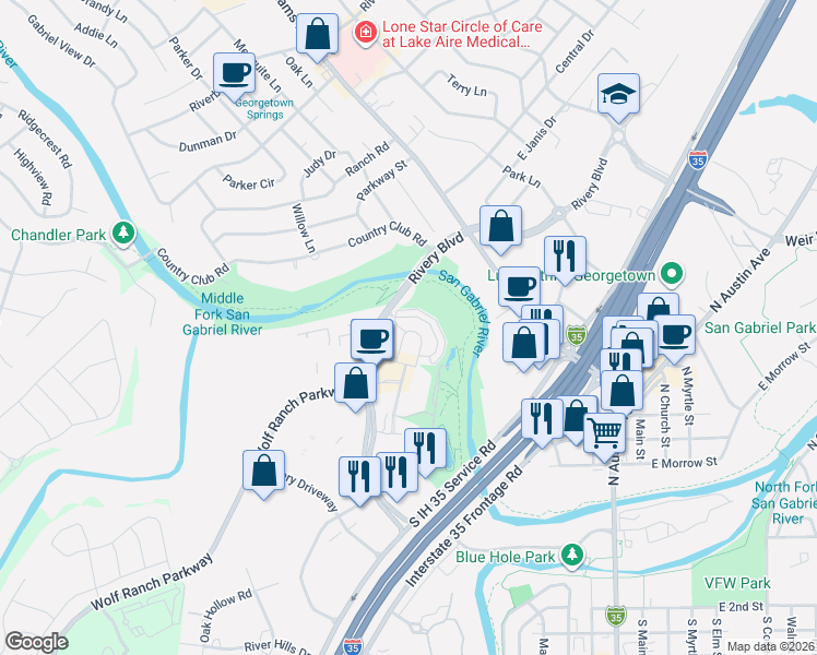 map of restaurants, bars, coffee shops, grocery stores, and more near 1141 Highknoll Lane in Georgetown