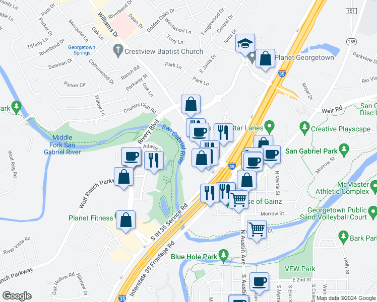 map of restaurants, bars, coffee shops, grocery stores, and more near 508 Morris Drive in Georgetown