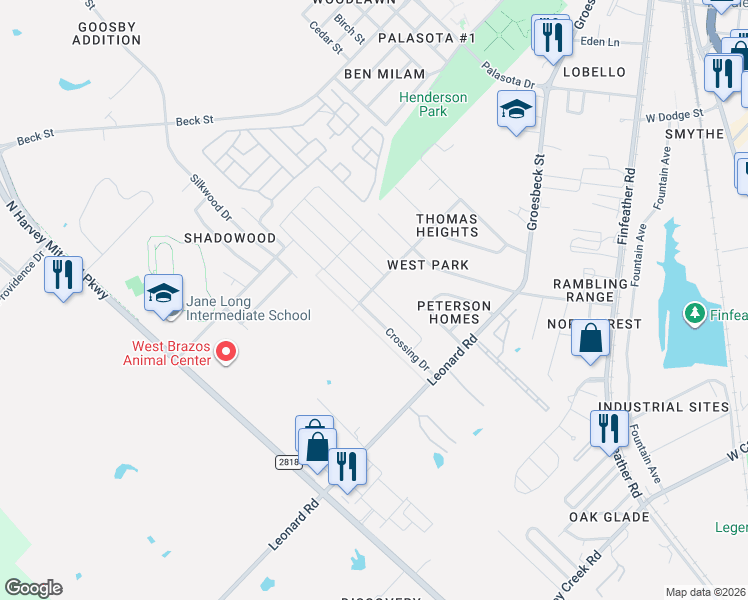 map of restaurants, bars, coffee shops, grocery stores, and more near 1111 Marquis Drive in Bryan