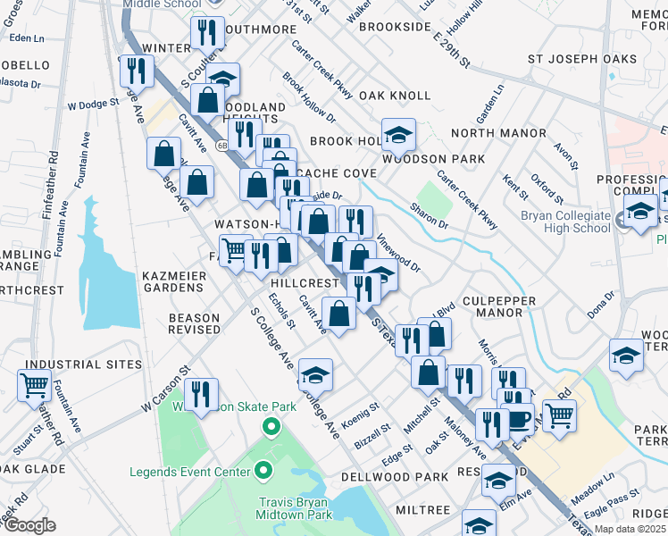 map of restaurants, bars, coffee shops, grocery stores, and more near Texas 6 Business in Bryan